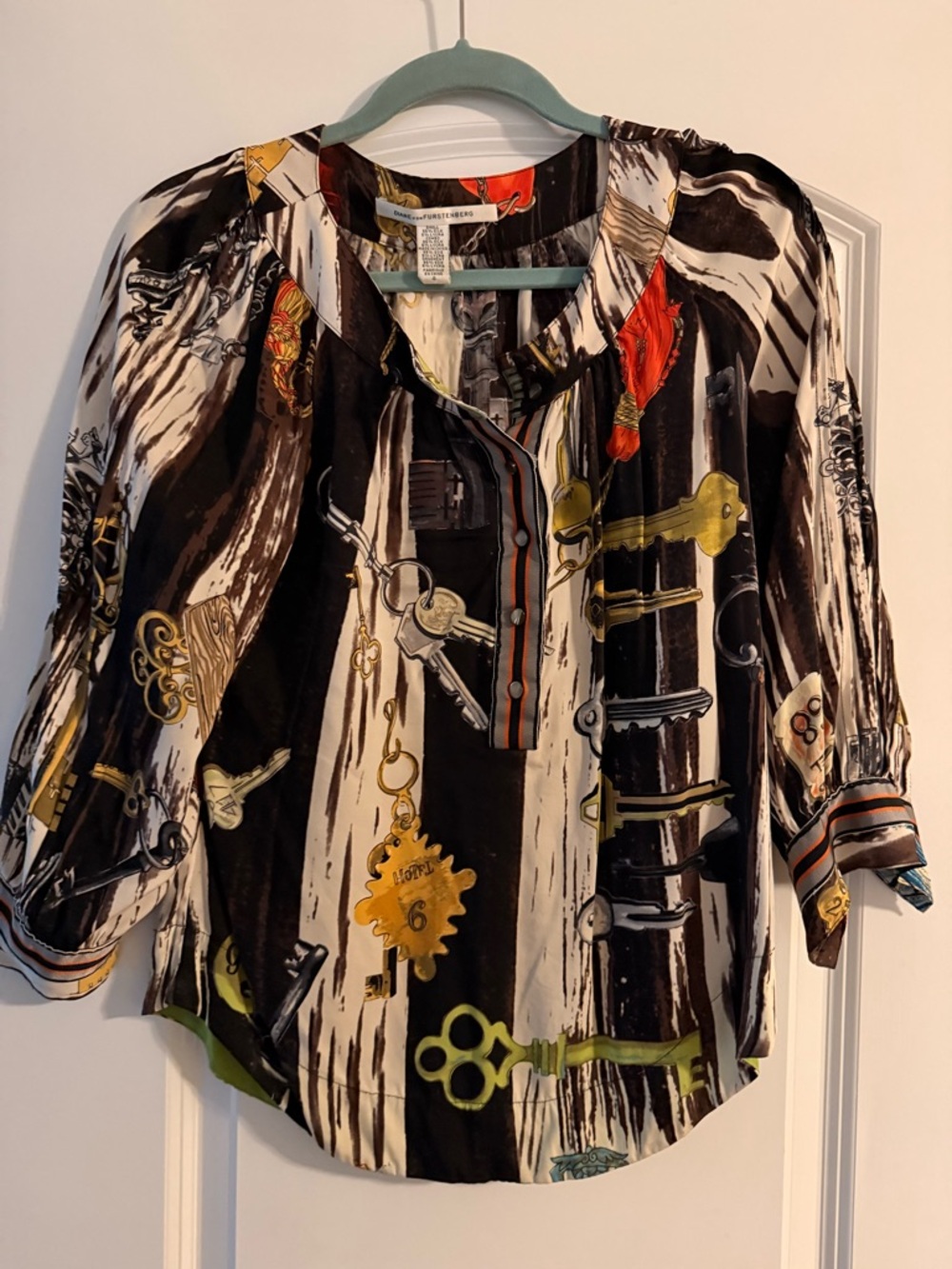 Diane Von Furstenberg Key Print Blouse in Black, Cream, Gold and Green